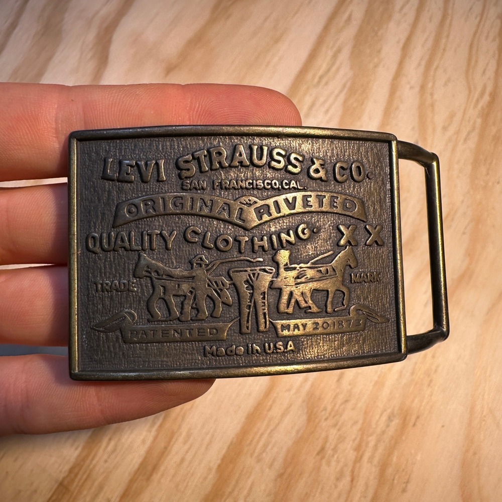 Vintage Levis Belt Buckle Bronze Two Horse Pull Logo Made in USA Rectangular
